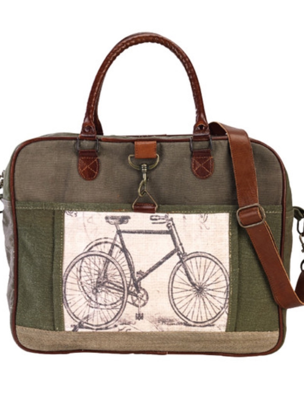 Clea Ray Repurposed Canvas Bicycle Print Messenger Bag - Olive Green
